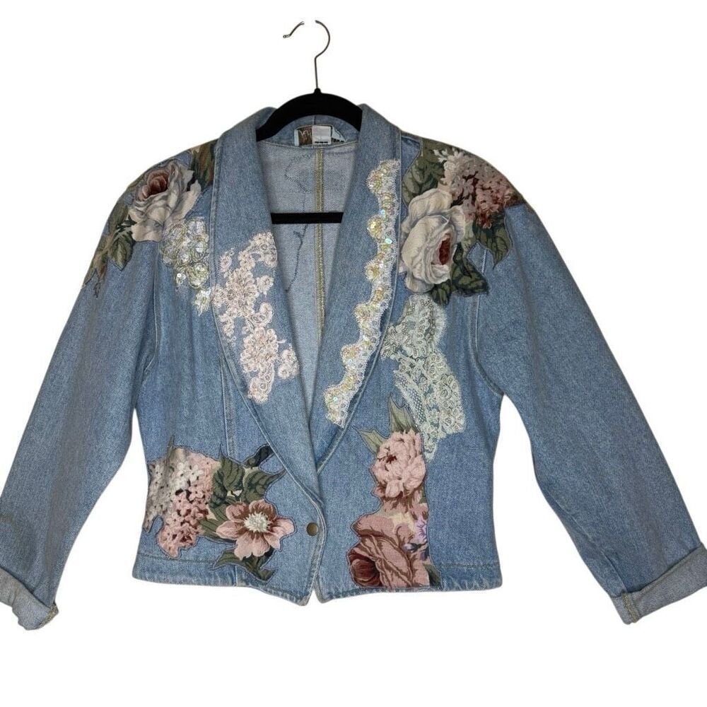 Vintage 80’s Jeri Stevens Jean Jacket with Lace & Brocade Floral Appliqué Size L